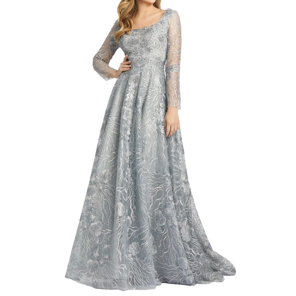 Mac Duggal Dove Grey Jeweled Encrusted Long Sleeve Square Neck Gown - Reemoly